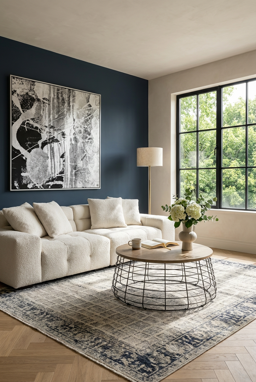 Neutral Palette Living Room with Dark Paint Accent — Luxury Version