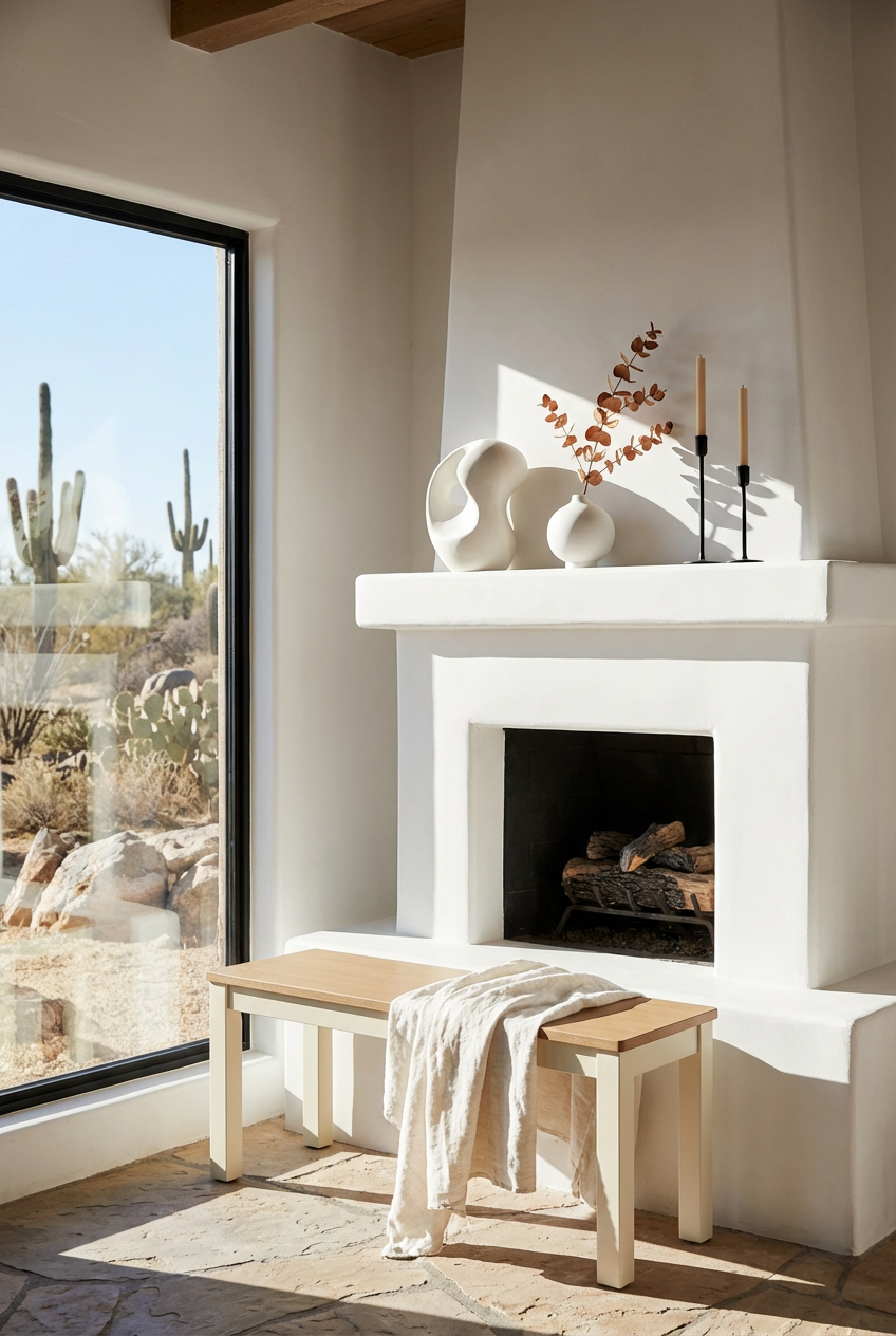 White Plaster Fireplace with Sculptural Decor