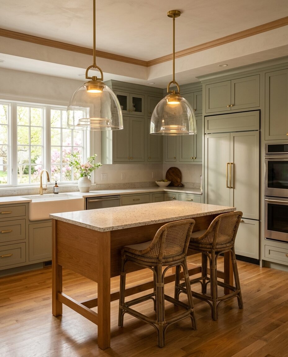 Coastal Kitchen with Soft Green Cabinets & Brass Hardware
