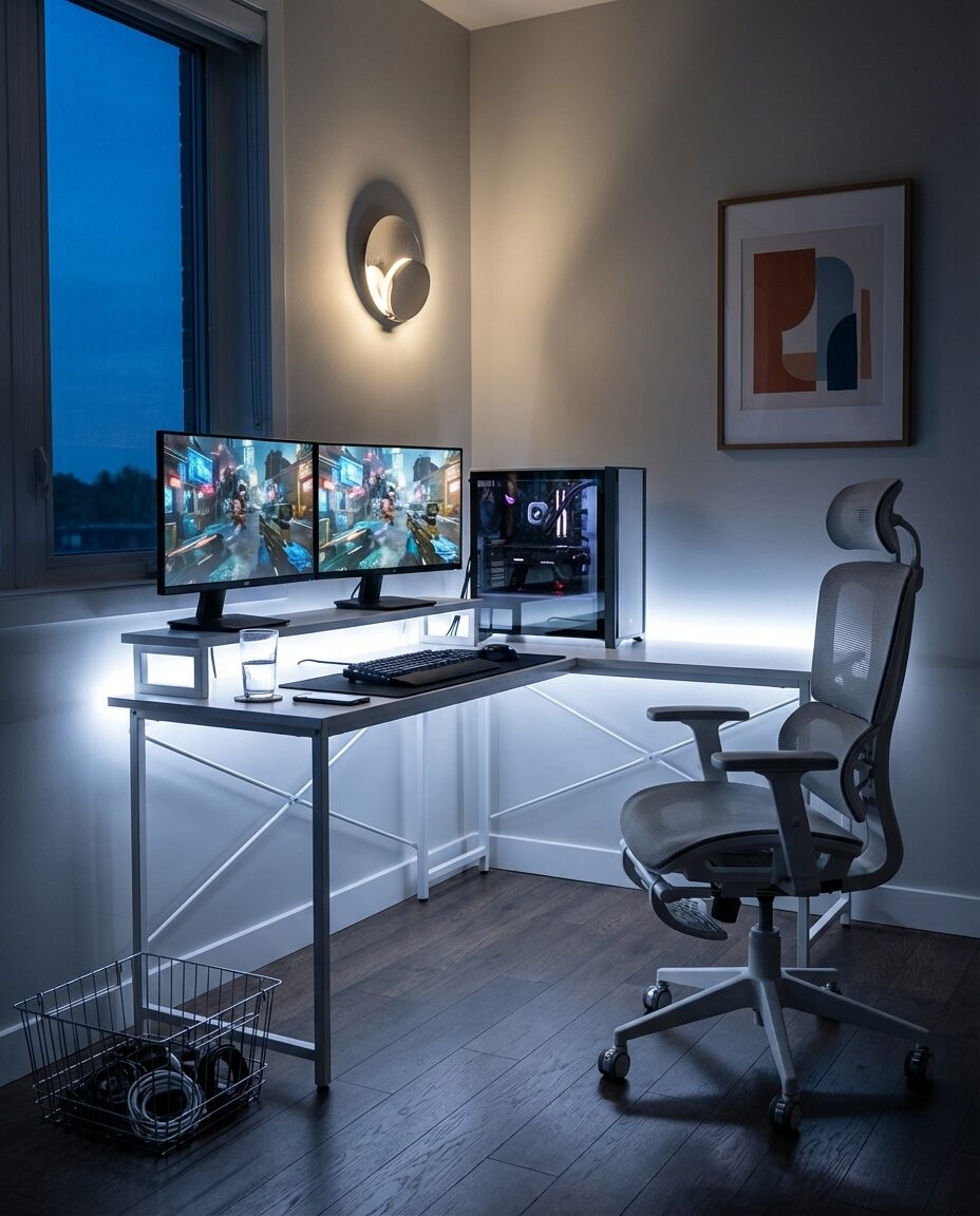 Sleek White PC Gaming Battlestation with Dual Monitors
