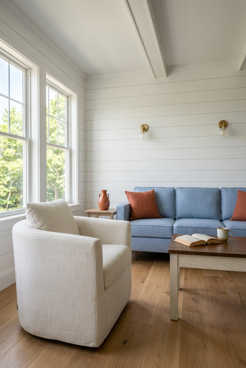Blue and White Coastal Living Room with Shiplap Walls
