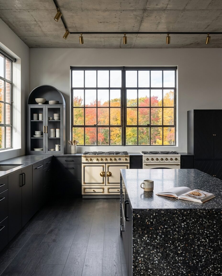 Black Kitchen with Exposed Concrete Ceilings