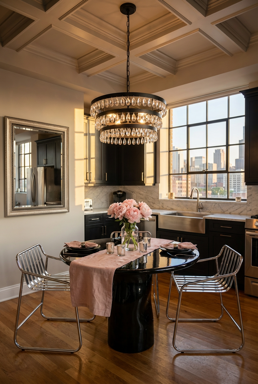 Glamorous Black Round Kitchen Table with Crystal Chandelier and Mirrored Accents