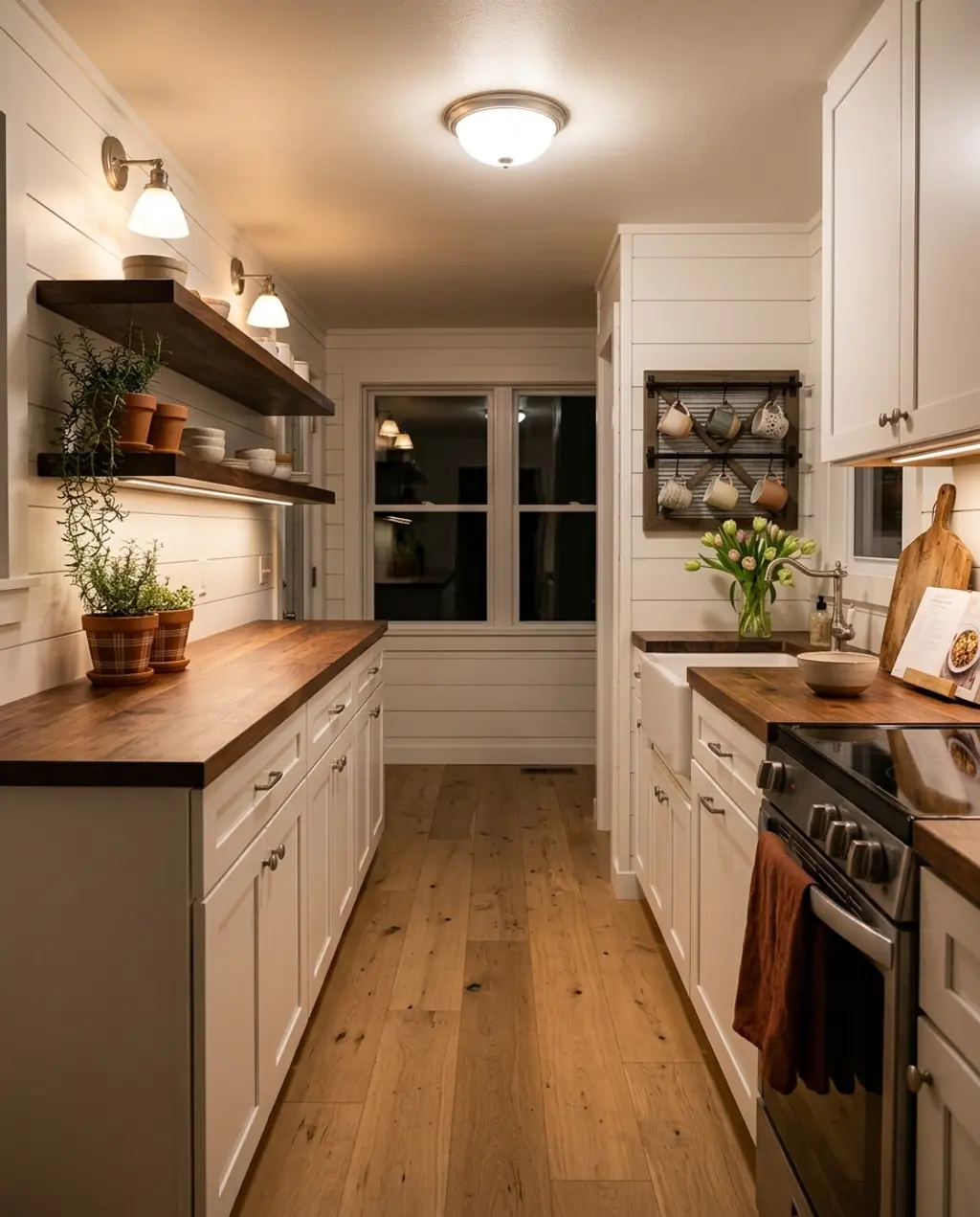 Farmhouse Galley Kitchen with Open Shelving and Wood Accents