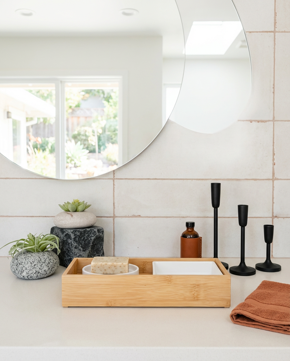 Zen Bathroom Countertop with Stone & Wood Organizers
