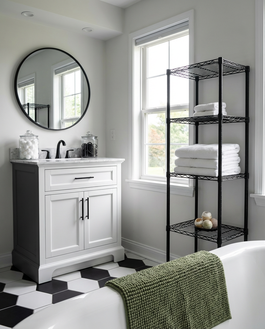 Black and White Bathroom with Monochrome Organization