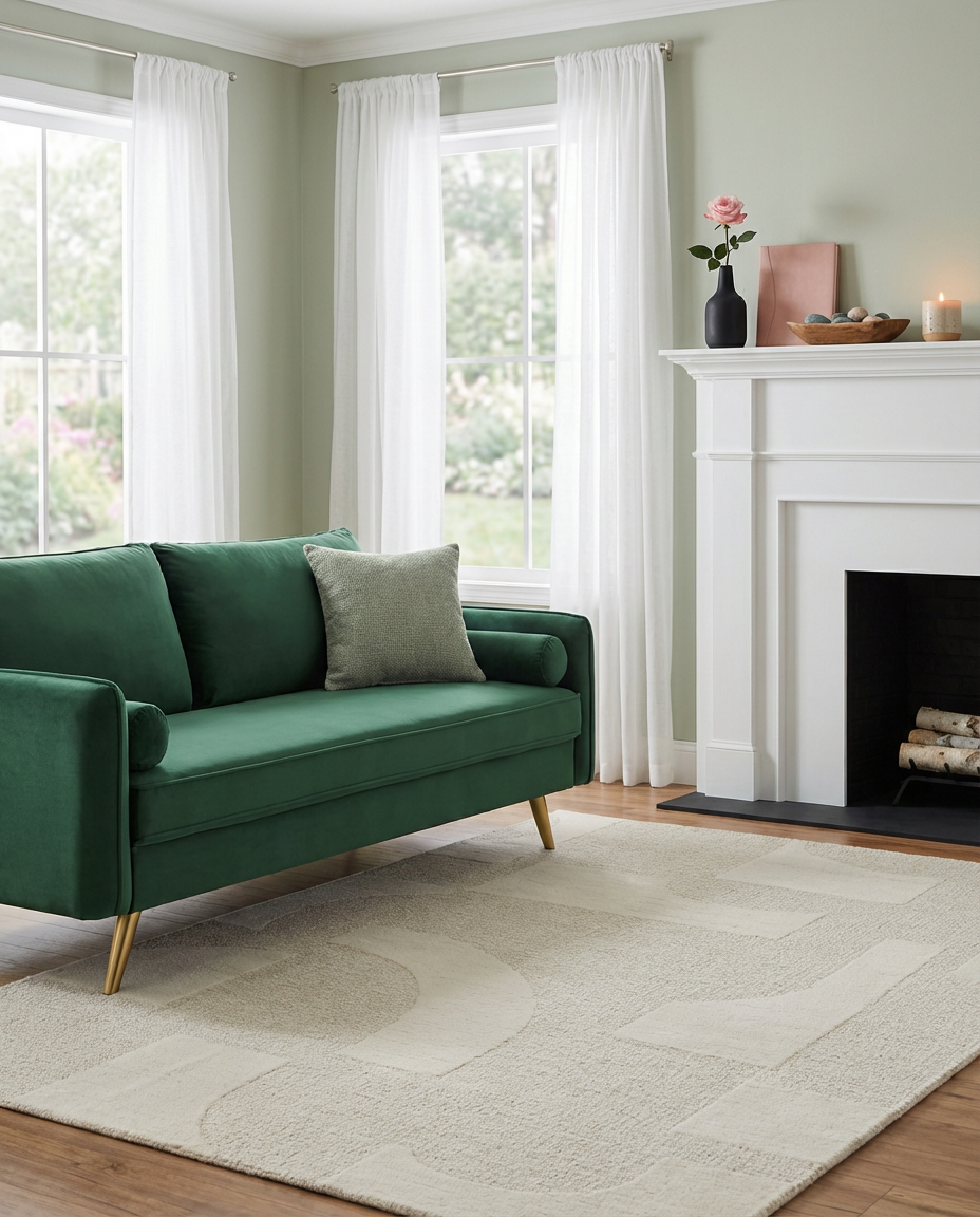 Transitional Green Living Room with White Fireplace
