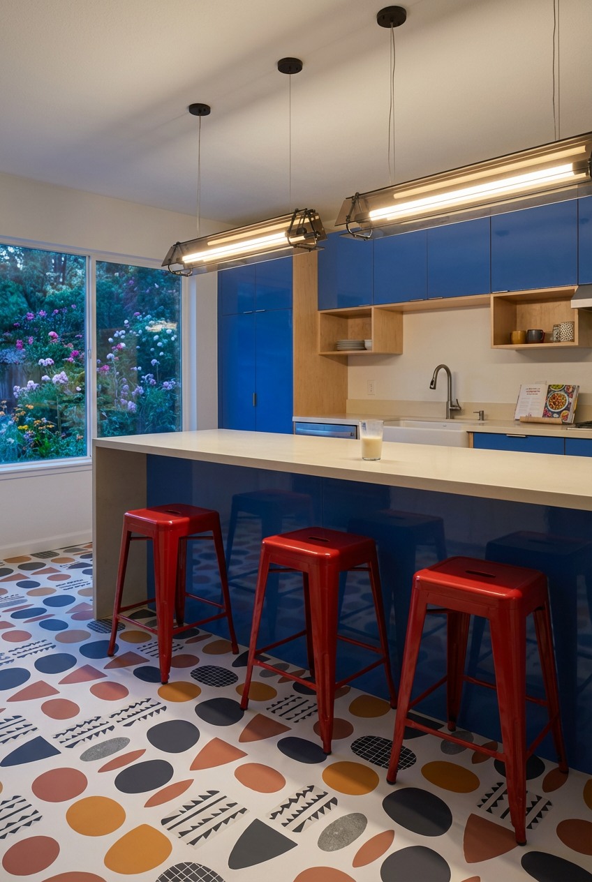 Eclectic Kitchen with Patterned Floor Tile & Mixed Materials