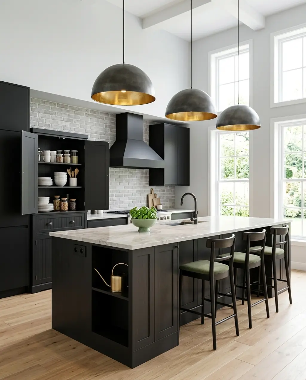 Dramatic Black Kitchen with High Ceilings and Large Pendant Lights