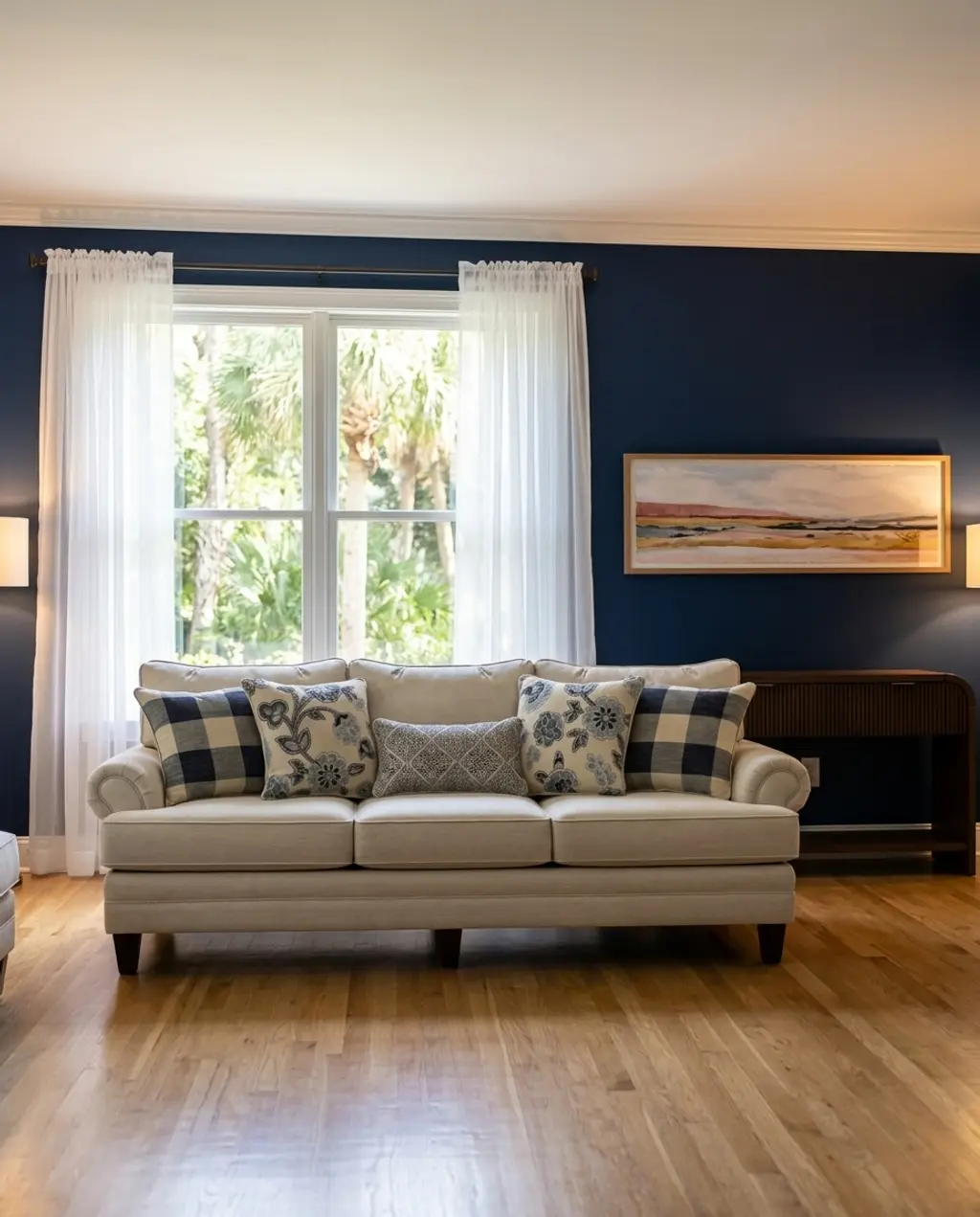 Sophisticated Navy Blue Wall with White Trim Living Room