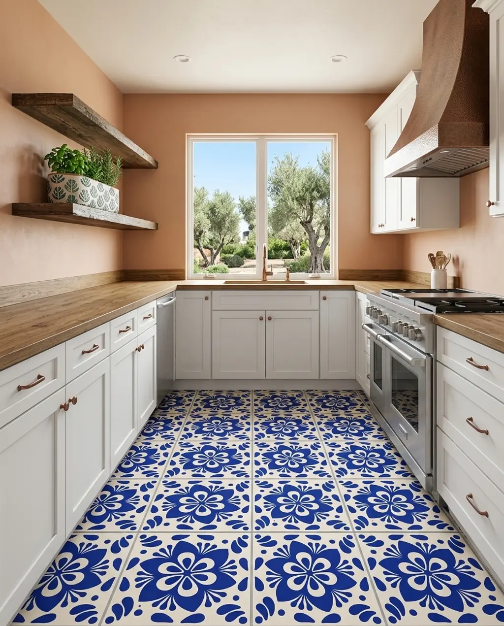 Mediterranean Cobalt Blue Patterned Tile Kitchen Floor — Luxury Version