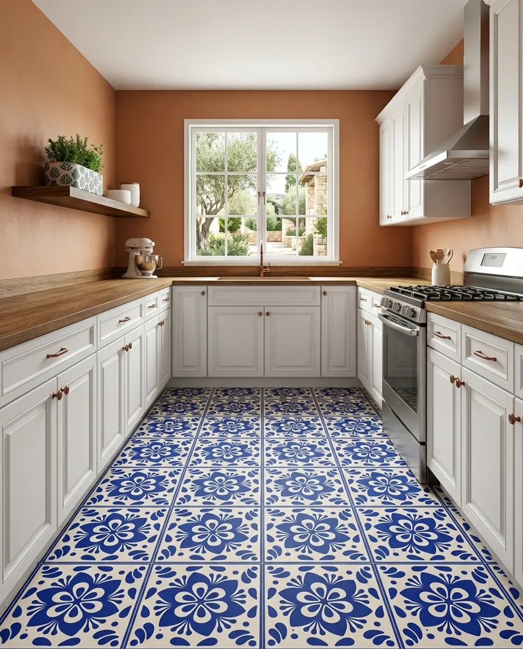 Mediterranean Cobalt Blue Patterned Tile Kitchen Floor — Budget Version