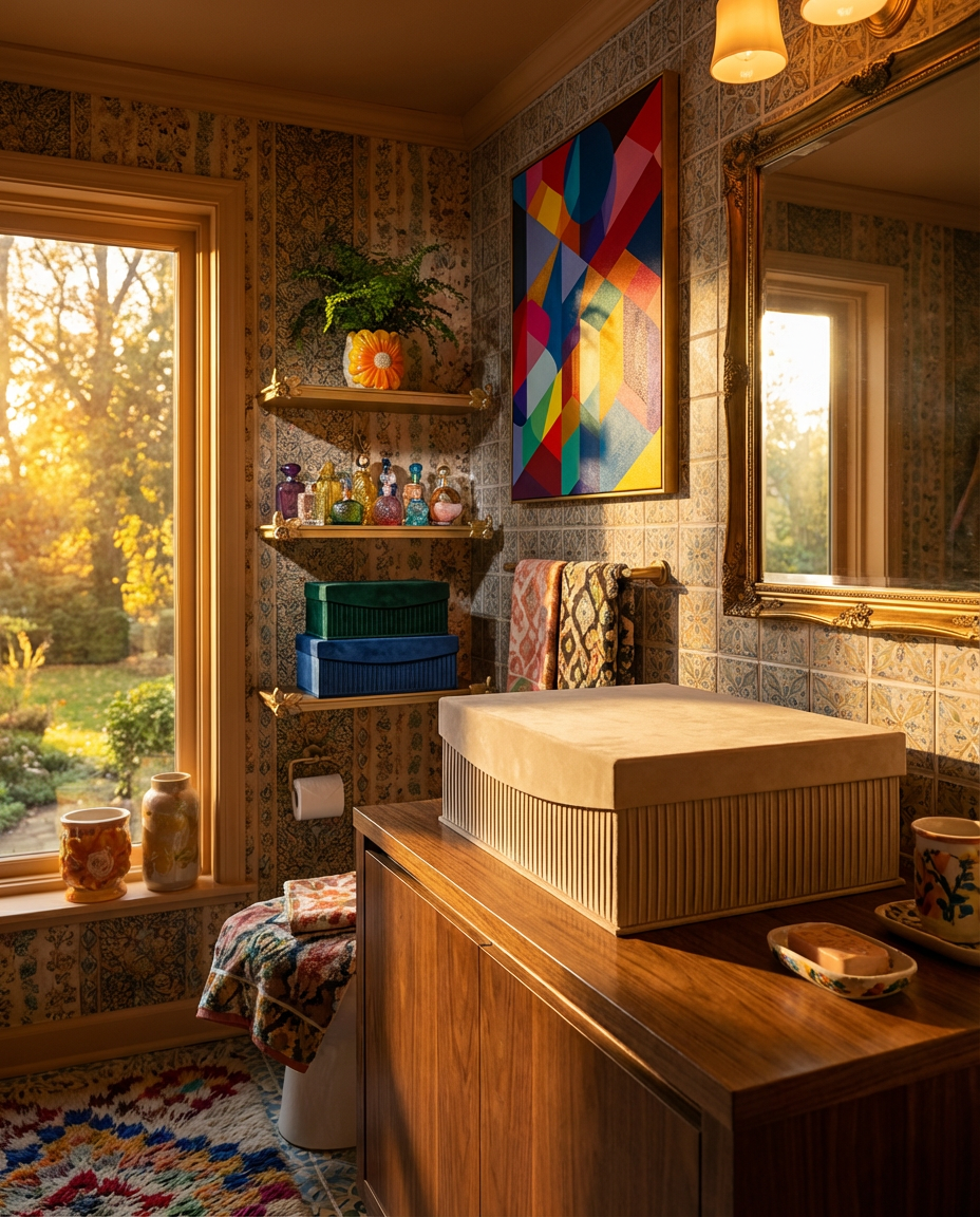 Maximalist Bathroom Organization with Eclectic Collections