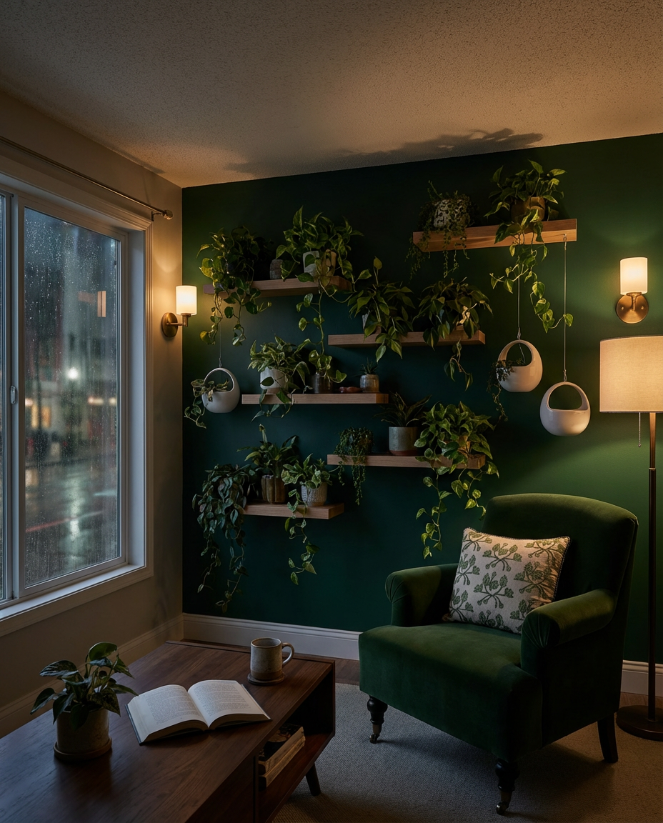 Moody Green Accent Wall with Layered Botanicals