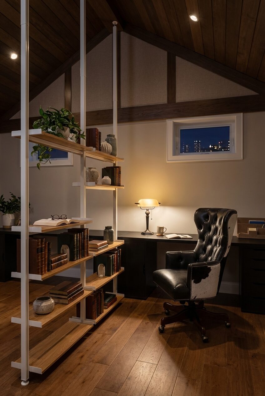 Classic Basement Home Office with Built-in Desk