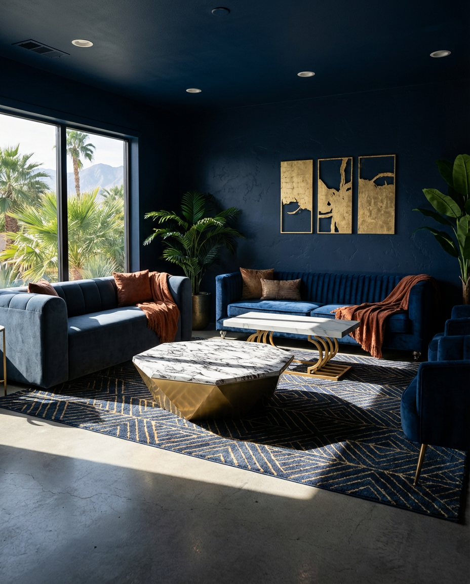 Navy Blue and Gold Living Room with Modern Elegance — Luxury Version