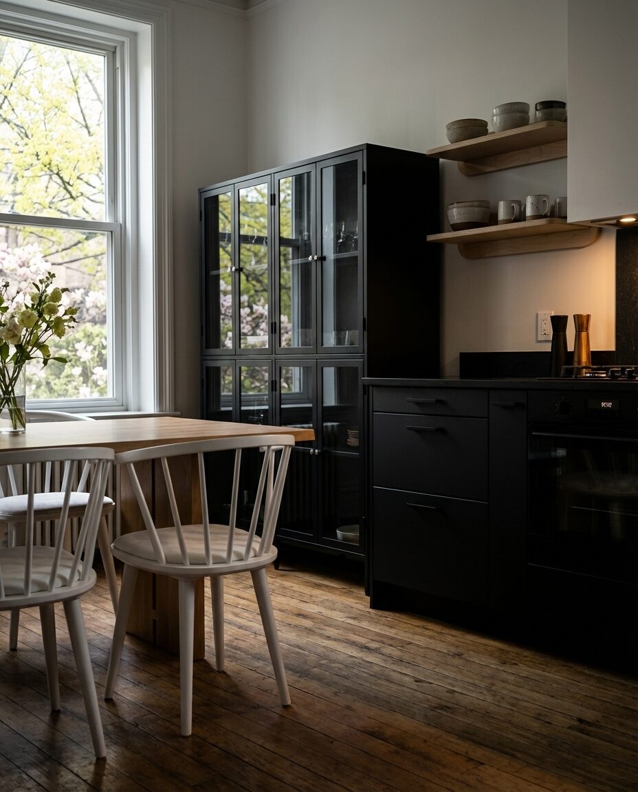 Nordic Black Kitchen with Light Wood Dining