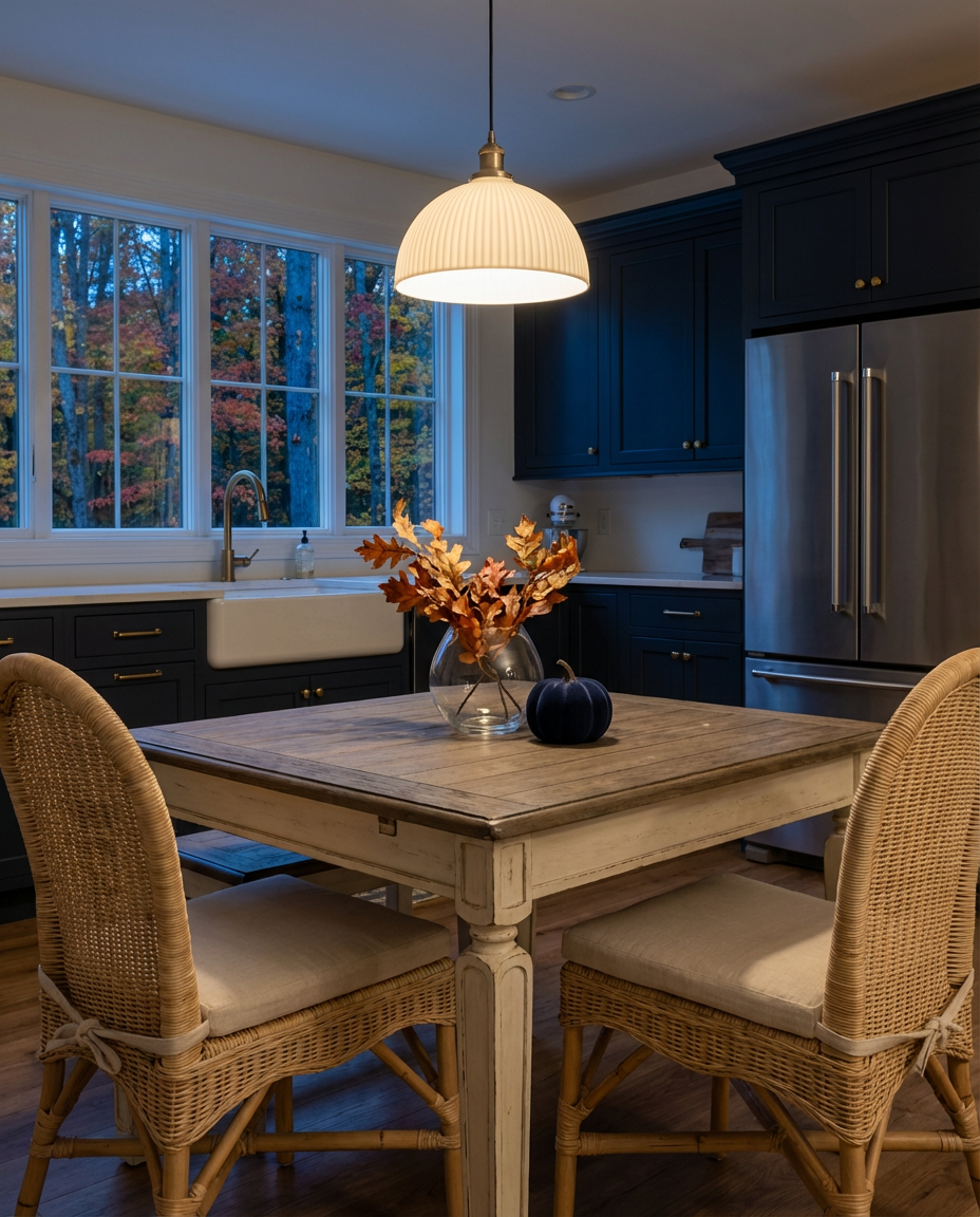 Modern Farmhouse Kitchen Table with Refinished Top and Woven Chairs