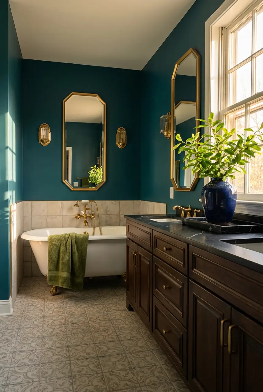 Sophisticated Teal with Dark Wood and Gold Hardware