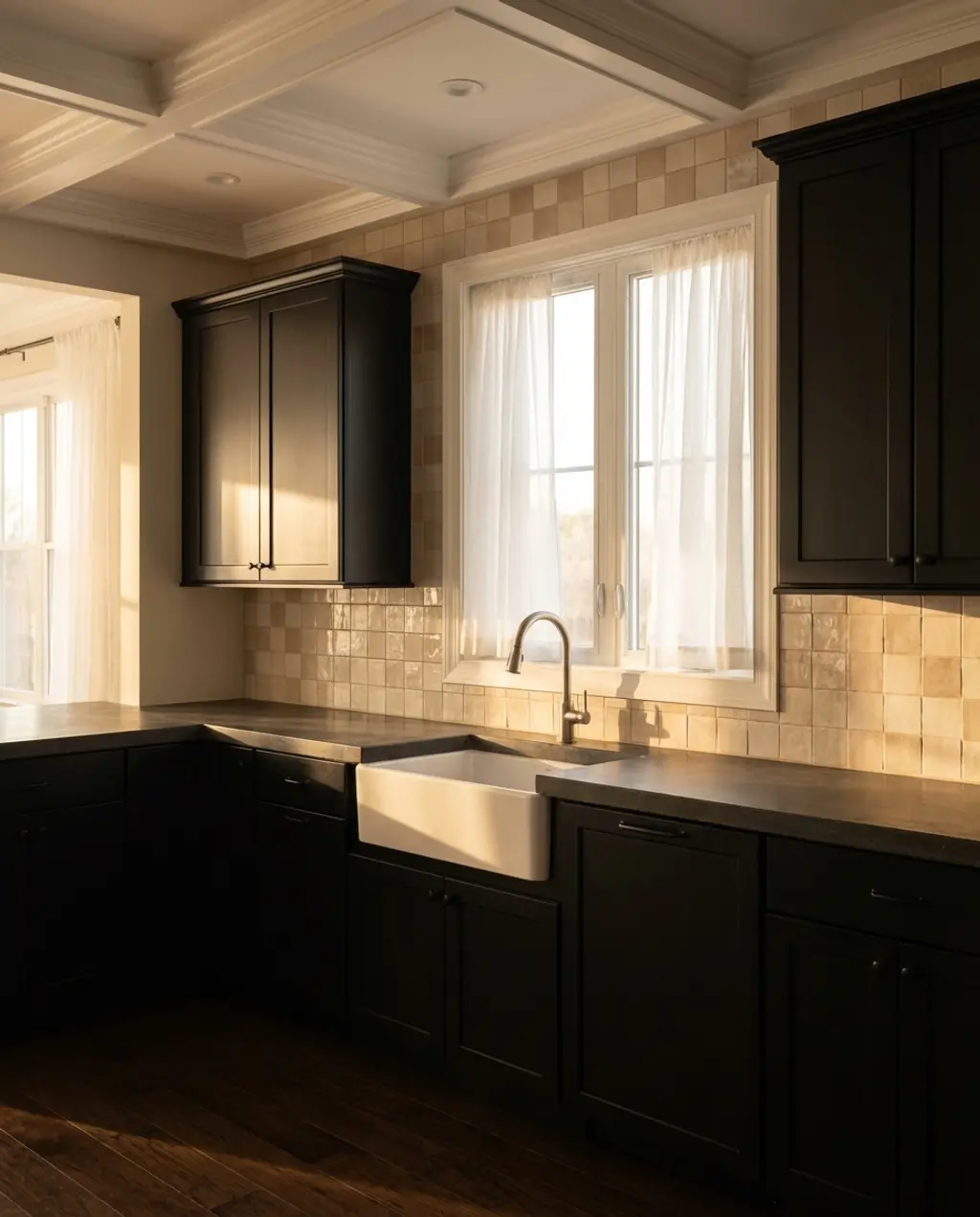 Black Kitchen with Beige Backsplash and Natural Light