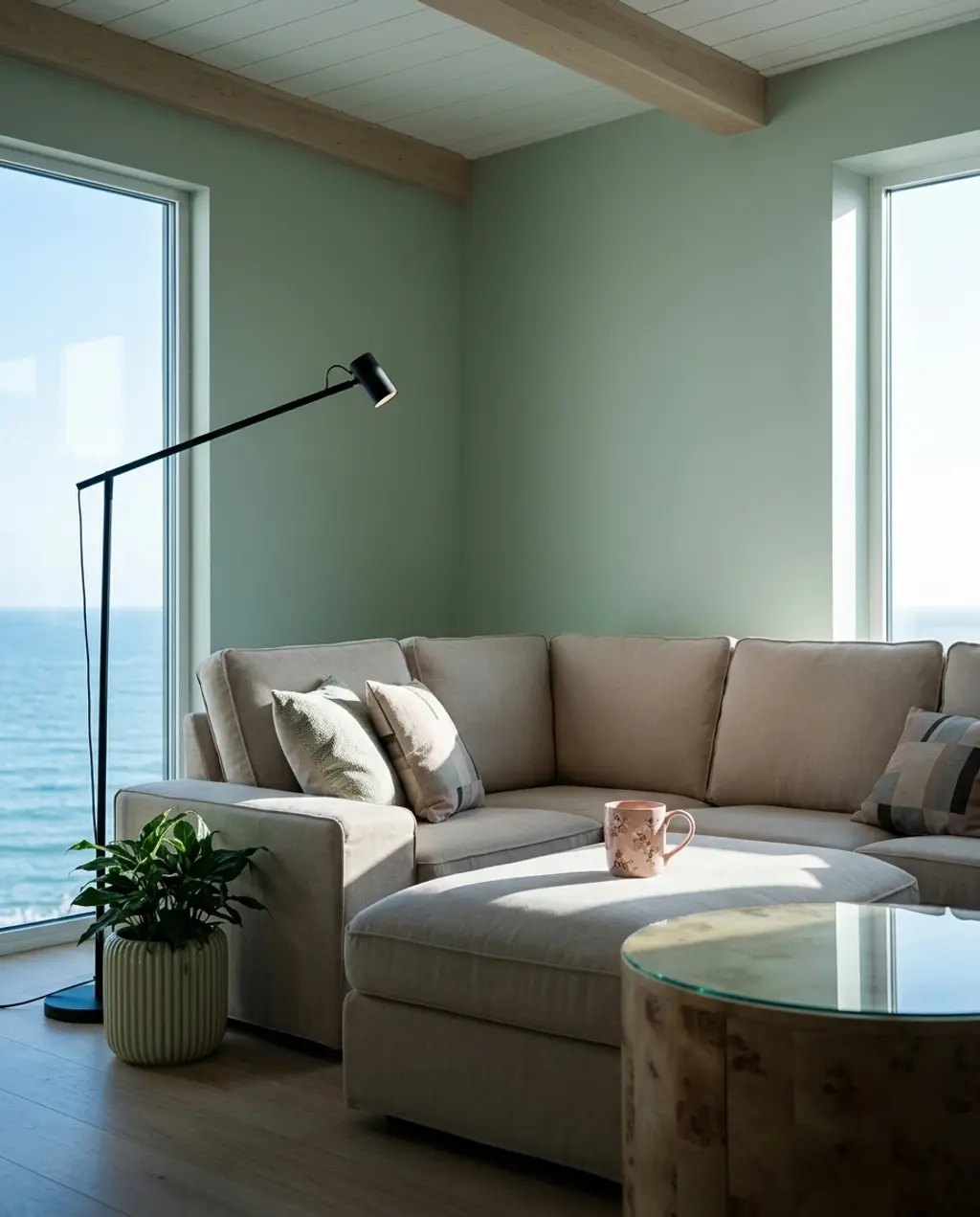 Calming Green & Beige Minimalist Living Room