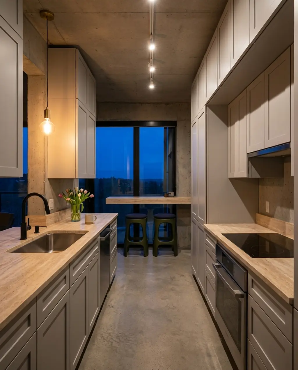 Minimalist Galley Kitchen with Concrete Finishes