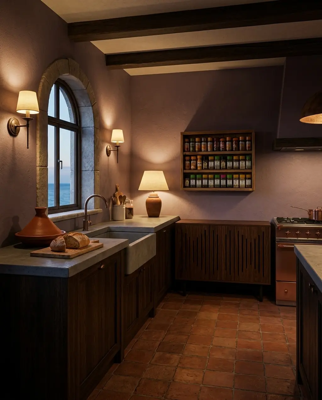 Rustic Italian Kitchen with Warm Earth Tones and Stained Wood