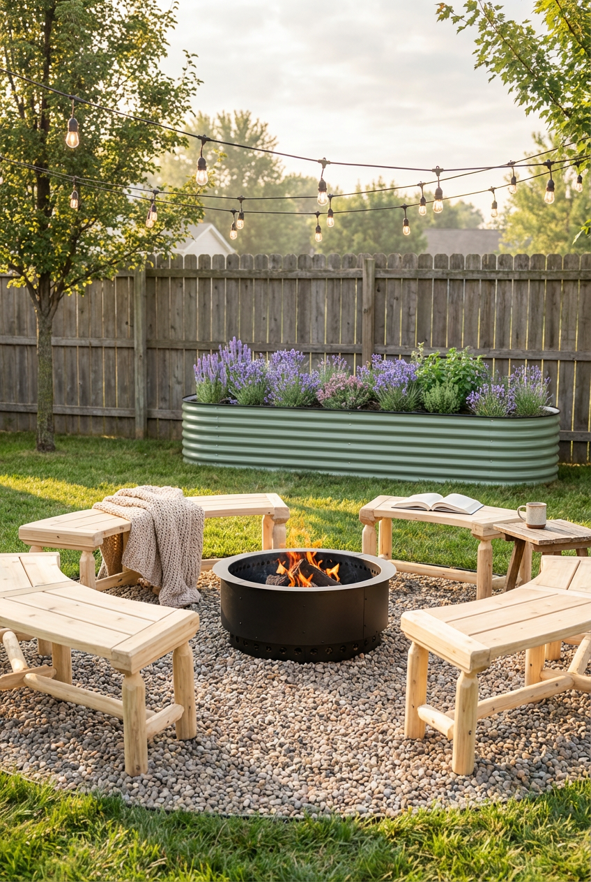 Backyard Campfire Nook with Log Seating and String Lights
