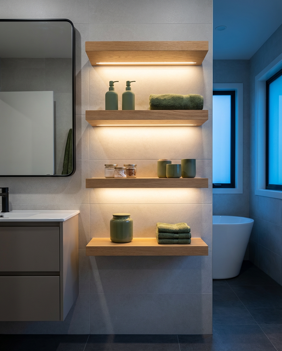 Integrated Backlit Shelving for Bathroom Essentials