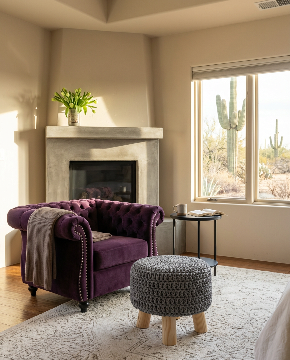 Bedroom Fireplace Nook with Plush Seating