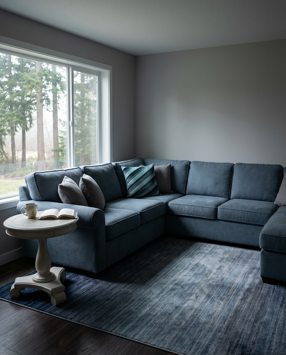 Serene Blue and Grey Living Room with Plush Textures