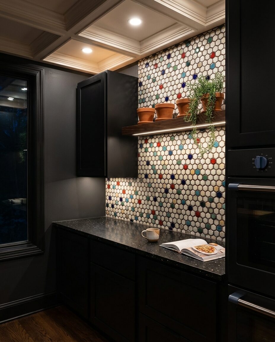 Black Kitchen with Striking Mosaic Backsplash