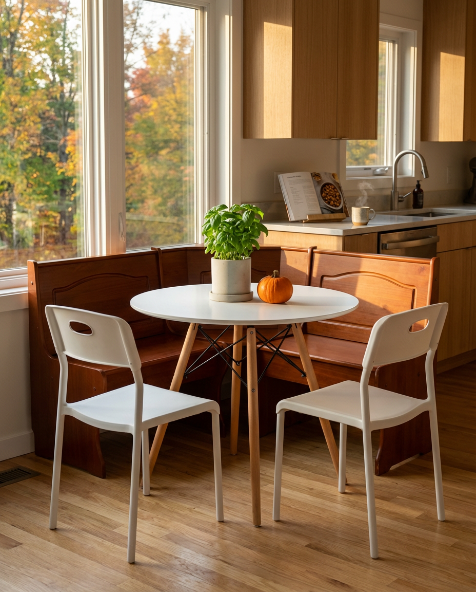 Small Round Kitchen Table with Compact Bench Seating for Urban Living