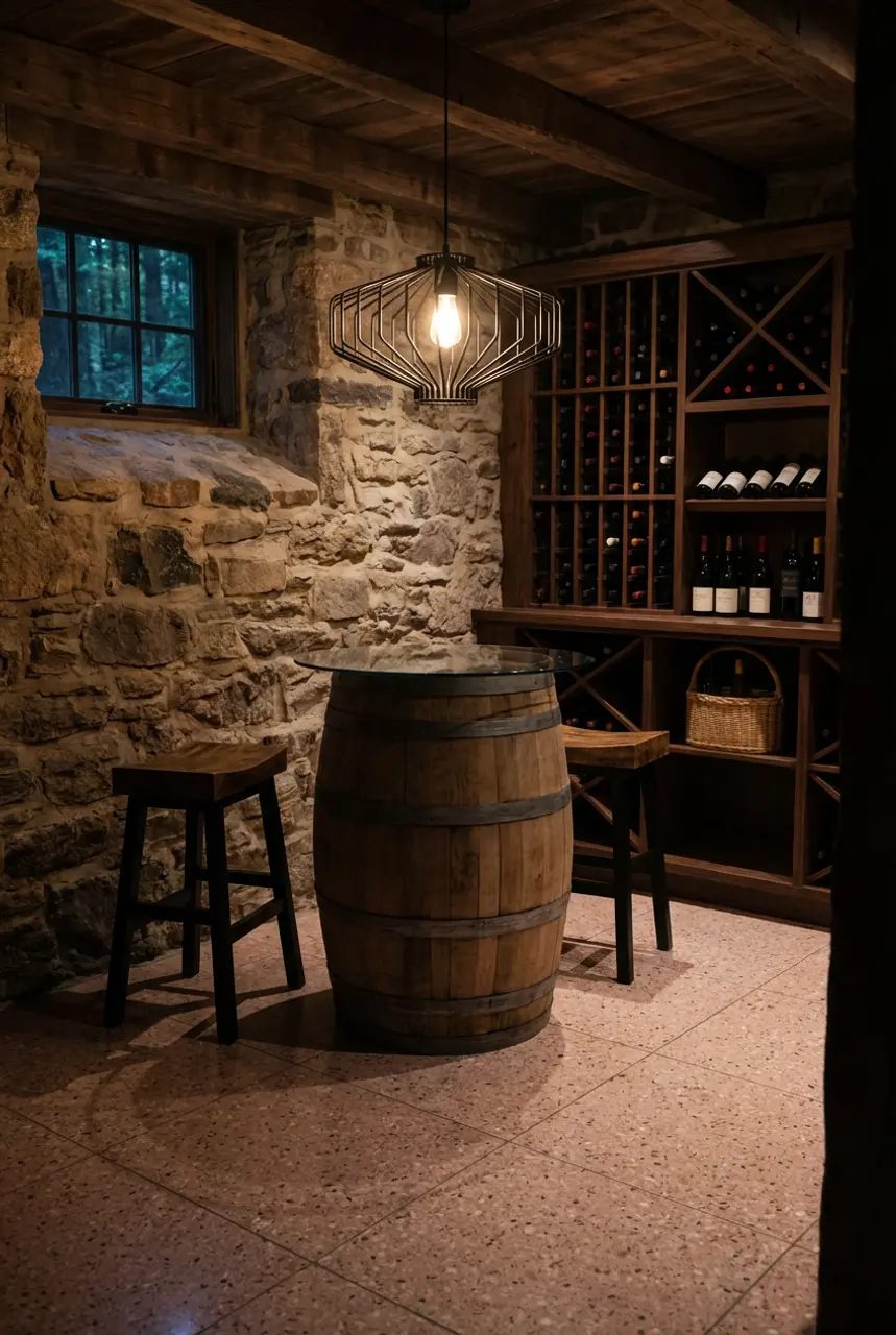 Rustic Basement Wine Cellar with Stone Walls