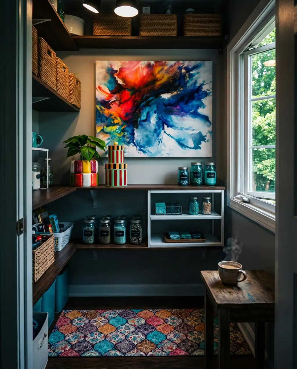 Eclectic Pantry with Mixed Materials and Bold Colors