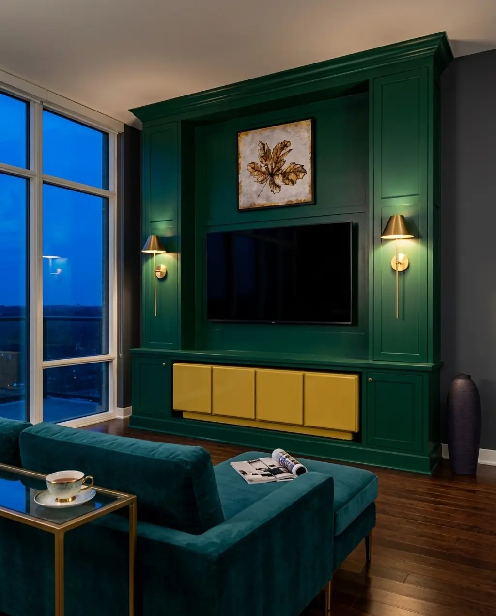 Luxurious Emerald Green & Gold Tv Wall Living Room