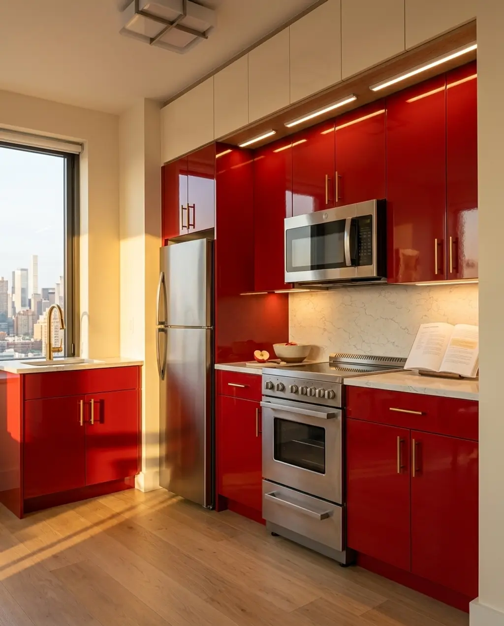 Tiny Modern Kitchen with Bold Red Cabinets