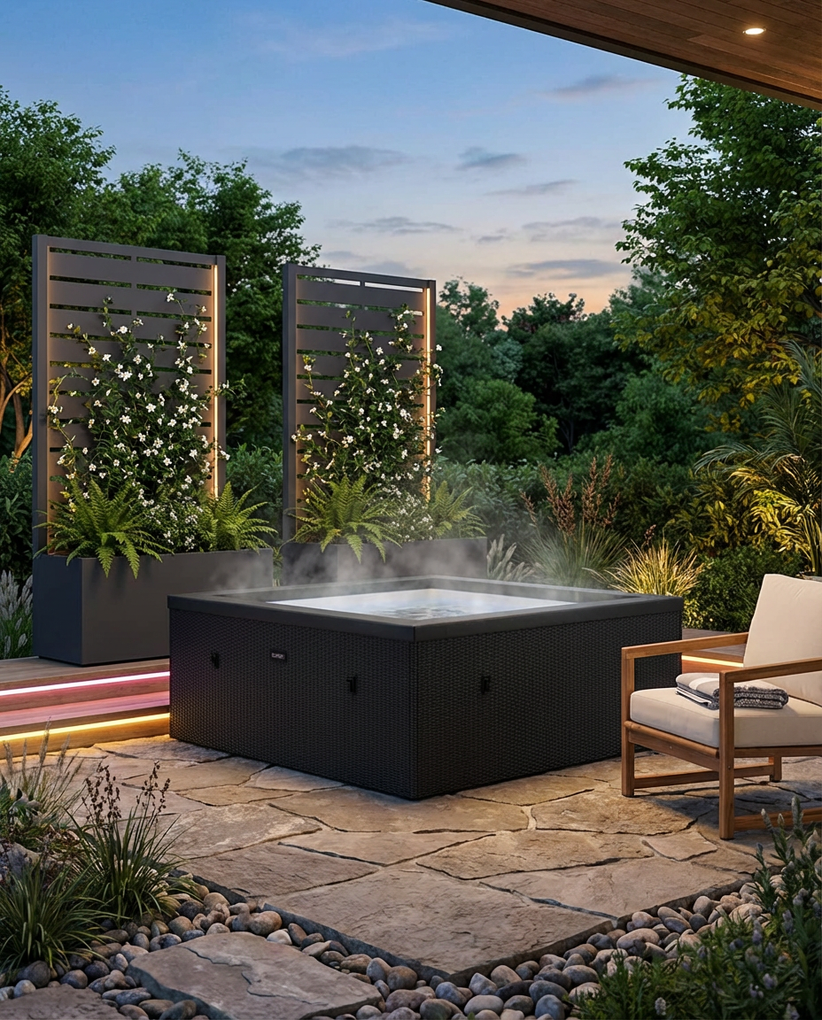 Luxurious Outdoor Spa Area with Hot Tub and Privacy Wall
