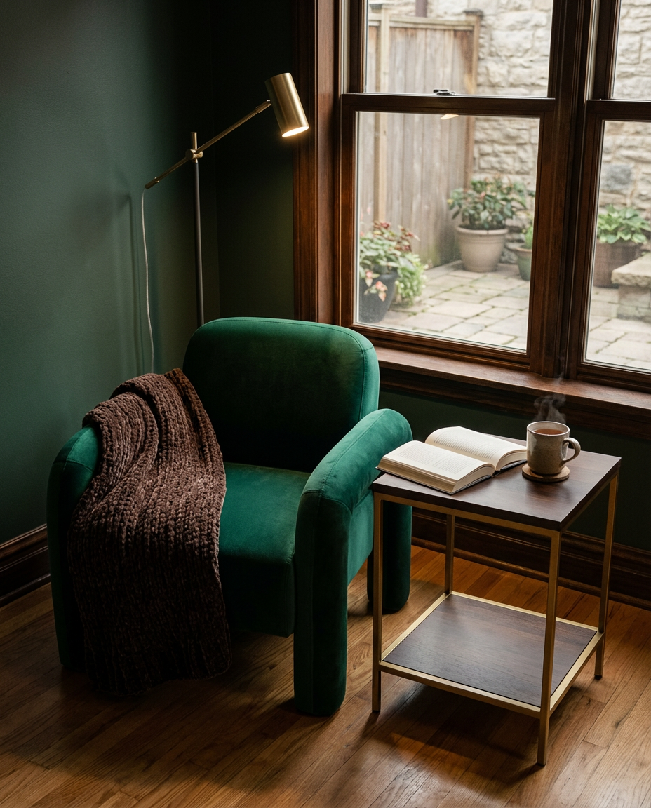 Cozy Dark Green Velvet Armchair Nook
