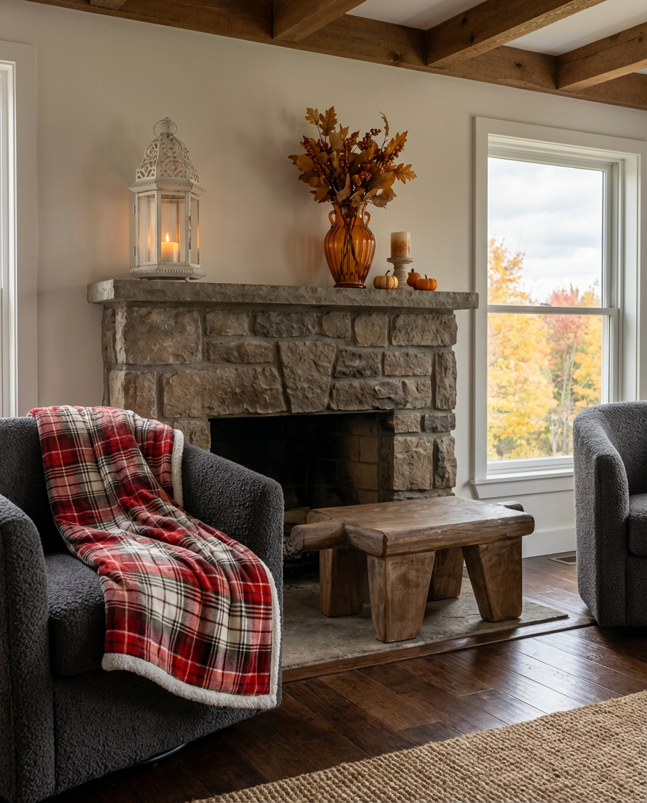 Fall Fireplace Decor with Pumpkins and Foliage
