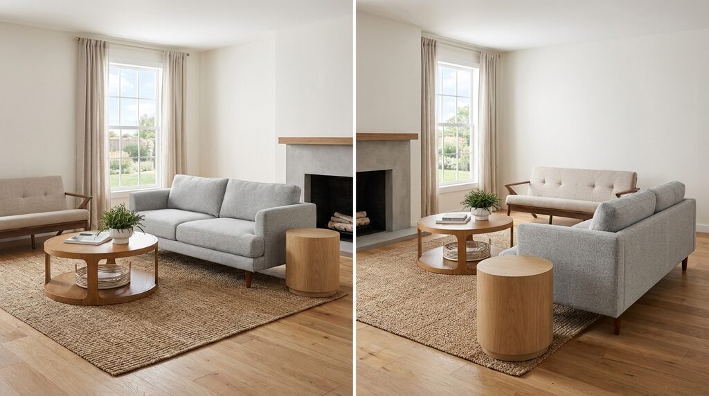 Scandinavian Basement Living Room with Fireplace