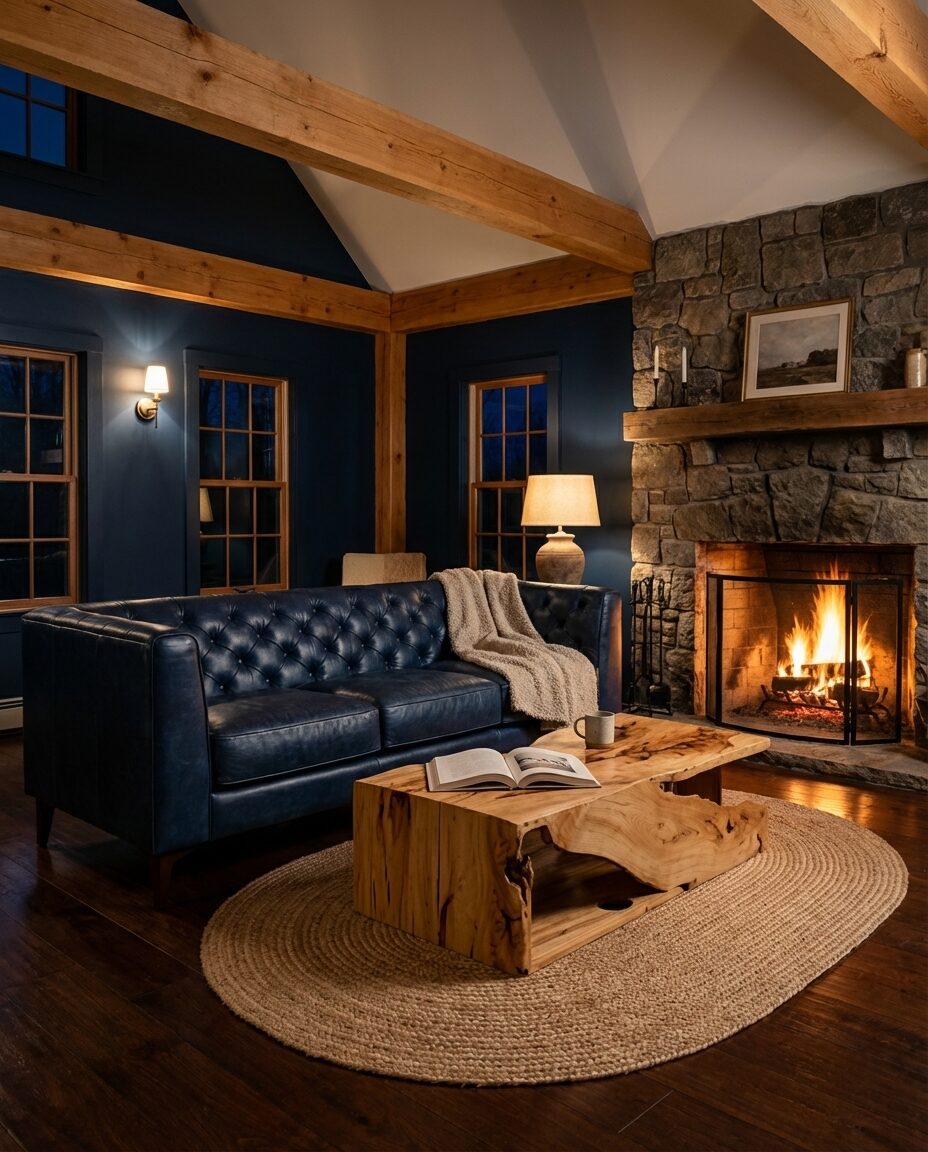 Dark Navy Living Room with Exposed Beams and Natural Wood