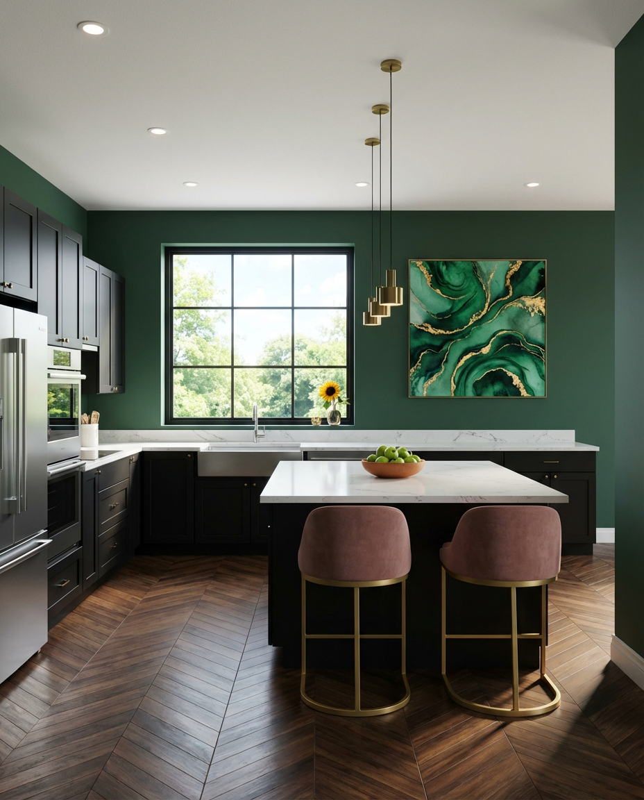 Sophisticated Kitchen Walls with Deep Green Paint — Budget Version