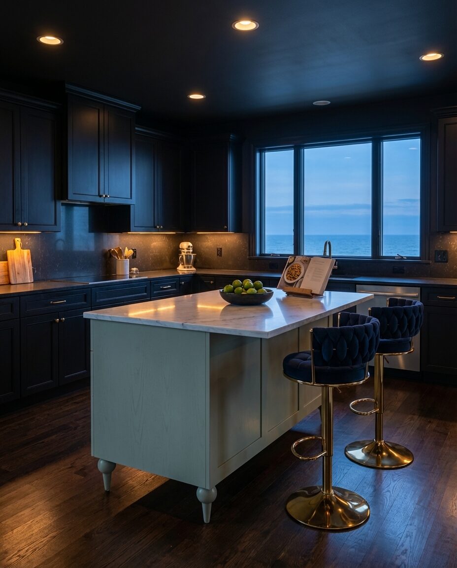 Black Kitchen with Green Marble Island
