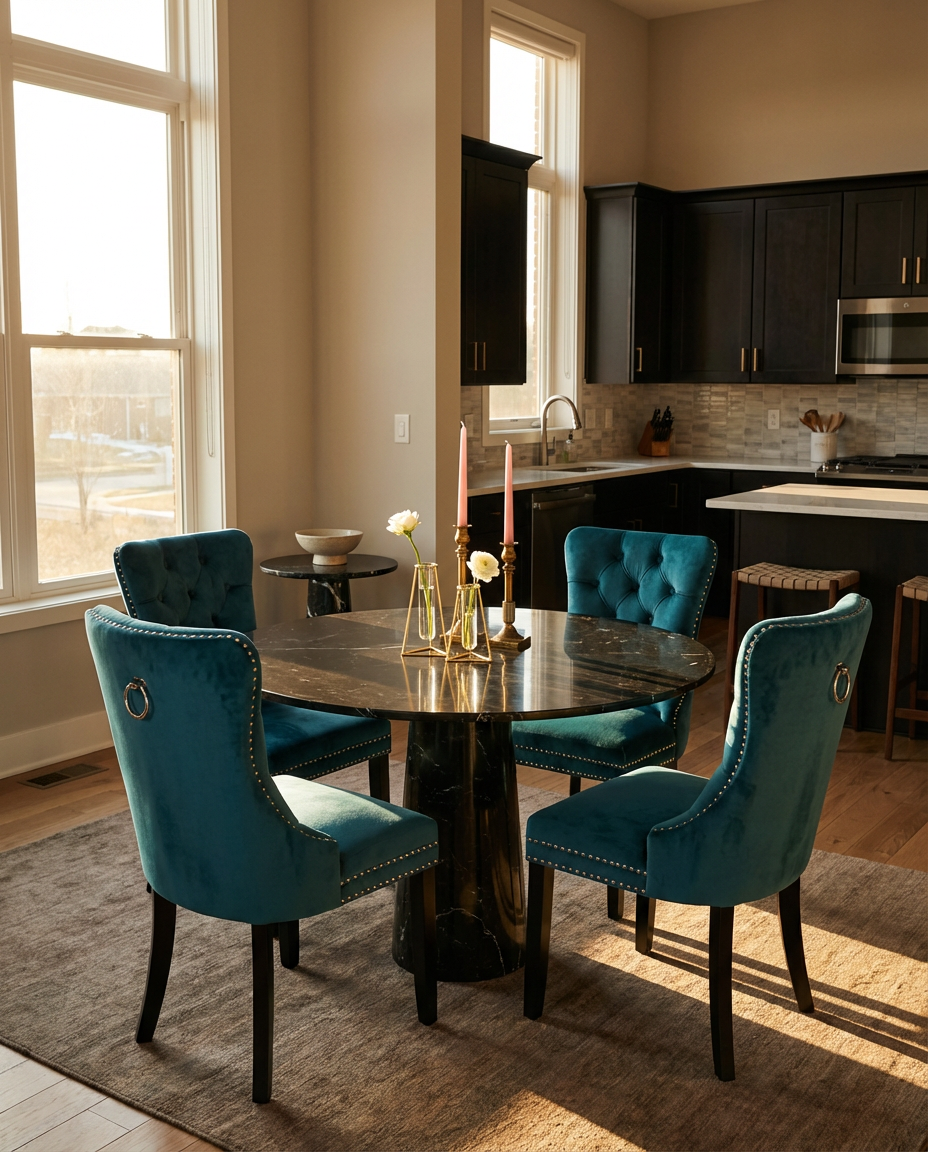 Art Deco Inspired Black Kitchen Table with Gold Chairs & Geometric Centerpiece