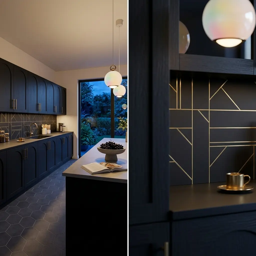 Art Deco Black Kitchen with Geometric Tile and Brass Inlays