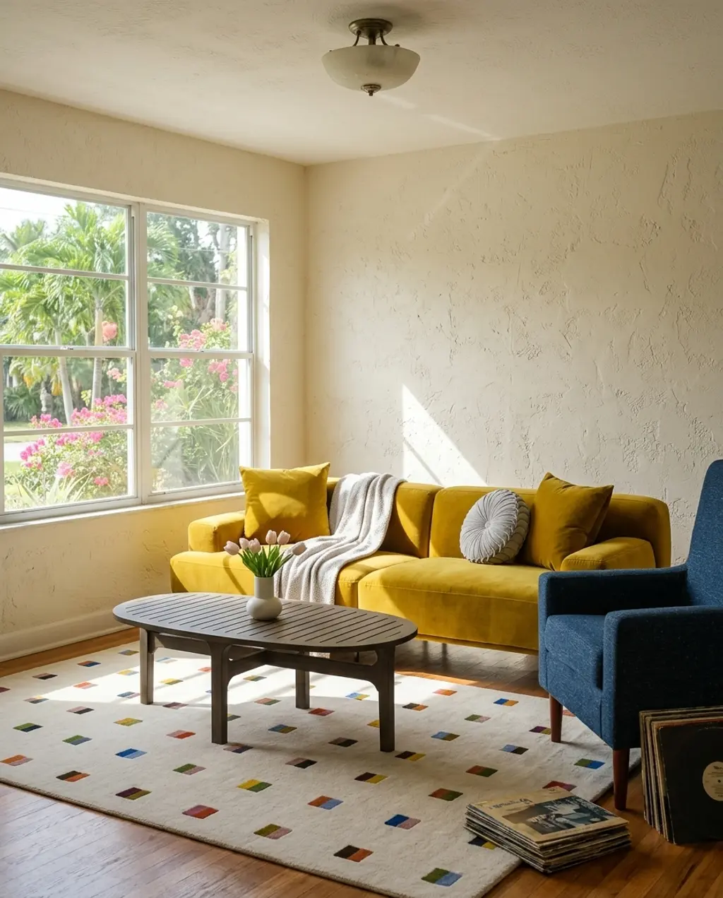 Vintage-Inspired Mustard Yellow & Denim Blue Living Room