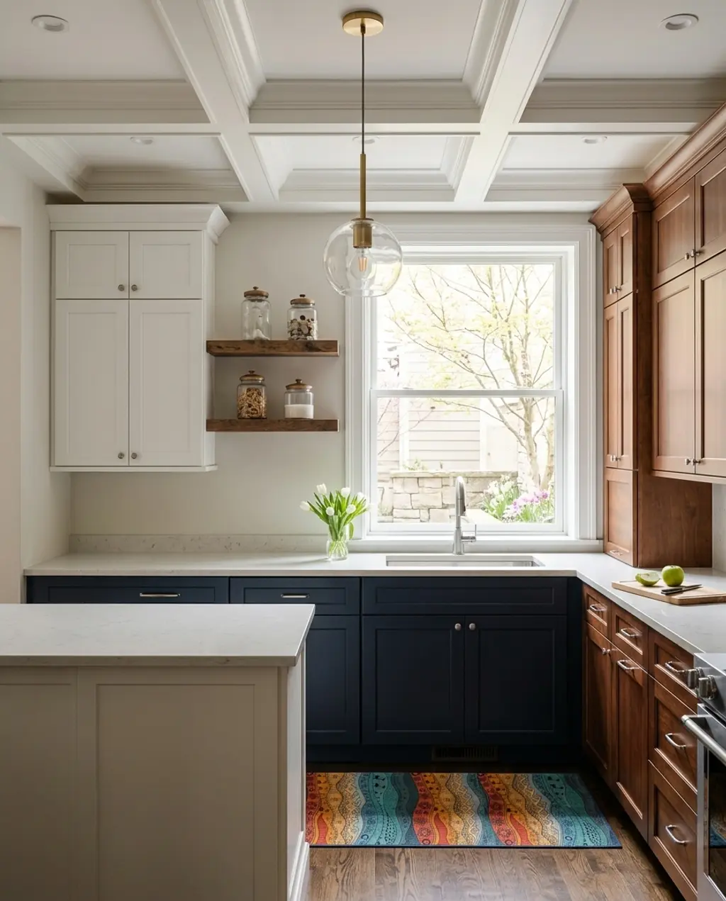 Eclectic Kitchen with Mixed Cabinet Stains and Colors