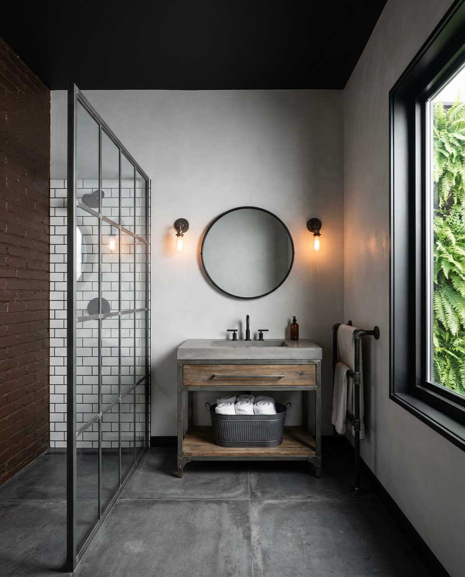 Industrial Chic Bathroom with Crittall Shower Screen — Budget Version