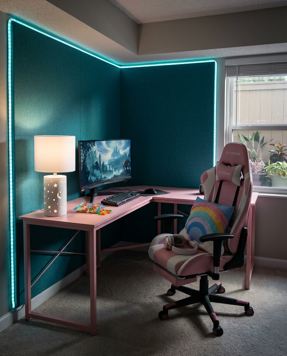 Playful Pink and Pastel Gaming Nook for Kids/Teens